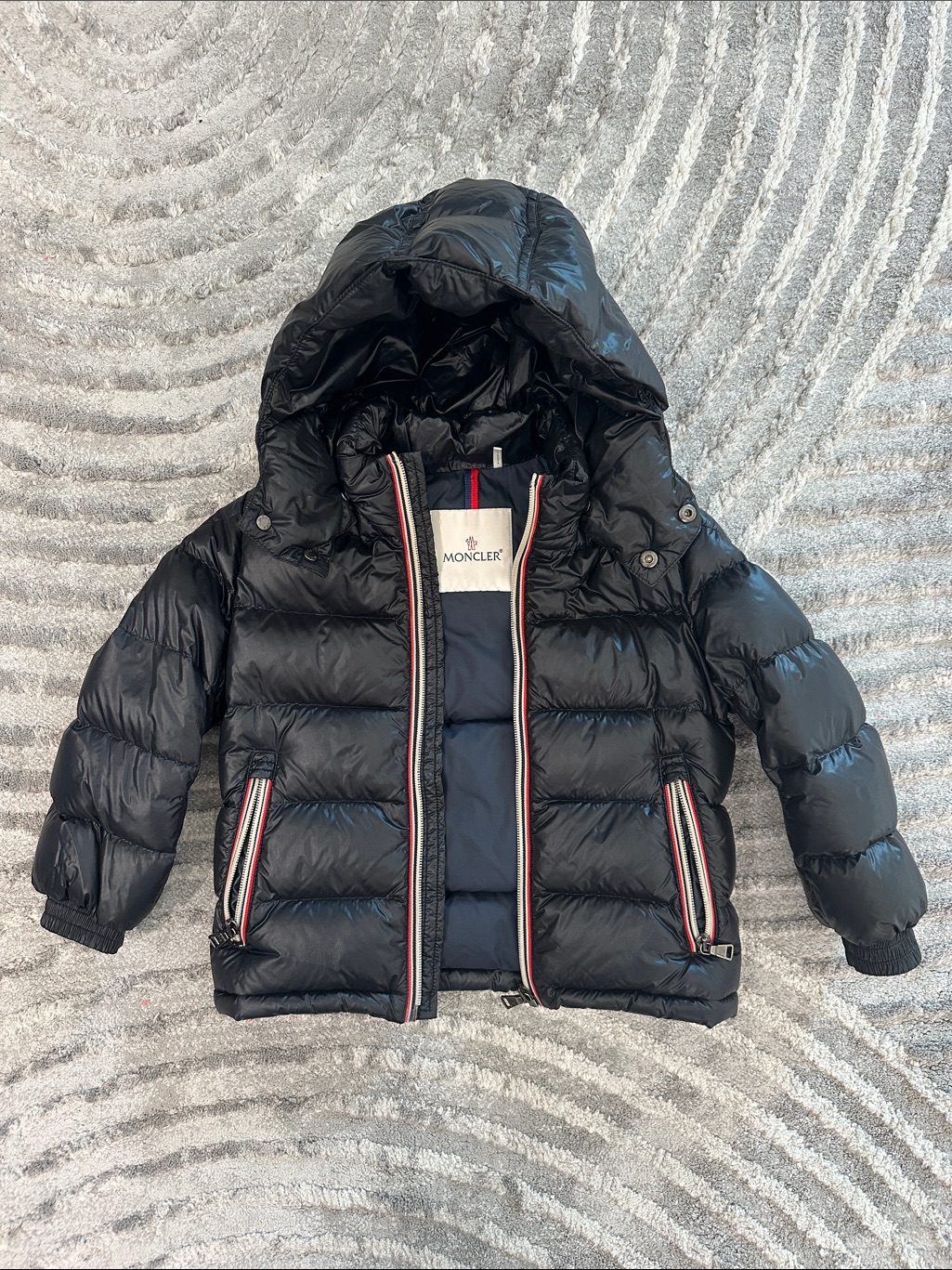 Moncler Black Quilted Hooded Down Jacket With Tricolor Trim